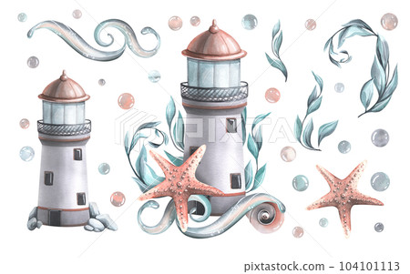 A marine lighthouse with algae, a starfish, shells and a wave of water. Watercolor illustration. A set objects of a large set of WHALES. For decoration and design of the beach, summer, travel A marine lighthouse with algae, a starfish, shells and a wave of water. Watercolor illustration. A set objects of a large set of WHALES. For decoration and design of the beach, summer, travel 104101113