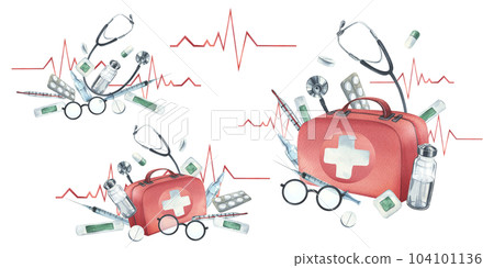 Red medical case, first aid kit with stethoscope, injections, plaster, pills and glasses. Watercolor illustration, hand drawn. A set compositions isolated on white background. 104101136