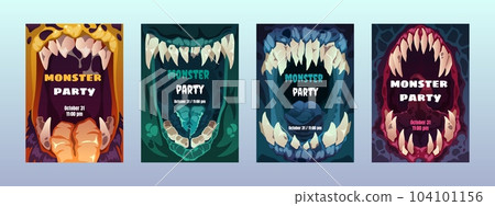 Creepy mouth posters. Cute scary monster lips teeth, colorful comic alien characters emotion for Halloween party invitation cove flyer. Vector set Creepy mouth posters. Cute scary monster lips teeth, colorful comic alien characters emotion for Halloween party invitation cove flyer. Vector set 104101156