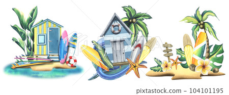 The beach blue cabin is wooden, striped with surfboards, trees and palm leaves, a wave and a starfish. Hand-drawn watercolor illustration. A set isolated compositions on a white background 104101195