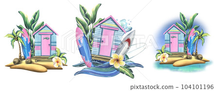 The beach cabin is striped, wooden pink and blue. With surfboards, tropical leaves, flowers and sea waves. Watercolor illustration, hand drawn. A set isolated compositions on a white background 104101196