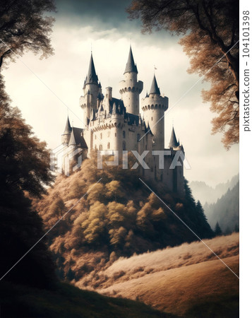 A fairy-tale castle on a hilltop, landscape 104101398