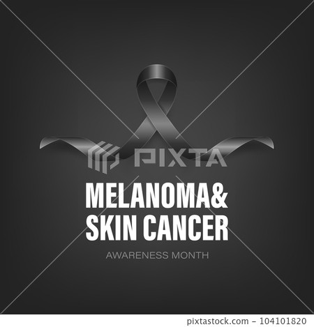 Melanoma, Skin Cancer Banner, Card, Placard with Vector 3d Realistic Black Ribbon on Black Background. Melanoma, Skin Cancer Awareness Month Symbol Closeup, May. World Melanoma Day Concept 104101820