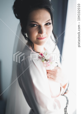 Portrait of beautiful bride with fashion veil at wedding morning 104102010