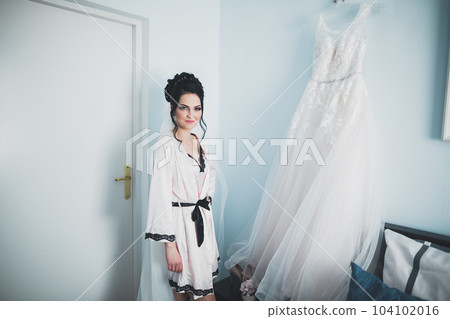 Portrait of beautiful bride with fashion veil at wedding morning 104102016