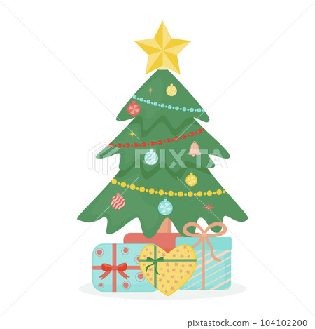Decorated Christmas tree with gift boxes, a star, decorative balls and garlands. Vector illustration of a flat style. 104102200