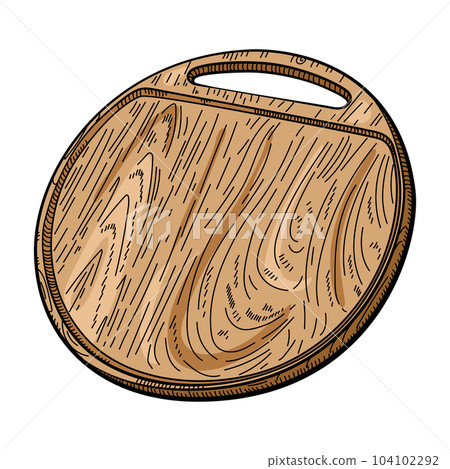Hand drawn round cutting wooden board with handle. Kitchen utensils sketch. Engraving style. Hand drawn round cutting wooden board with handle. Kitchen utensils sketch. Engraving style. 104102292