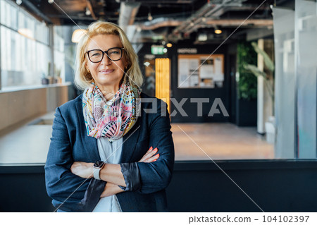 Portrait of smiling 50's stylish, confident mature businesswoman, middle aged company ceo director, experienced senior female professional, business coach team leader in modern office. Female leader 104102397