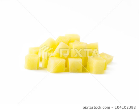 Heap of diced raw potatoes isolated on white background 104102398