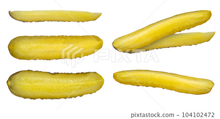 A set of slices of pickles on a white isolated background. Strips of pickled cucumbers on different sides. The concept of a delicious addition to a dish or ingredient for a hamburger. 104102472