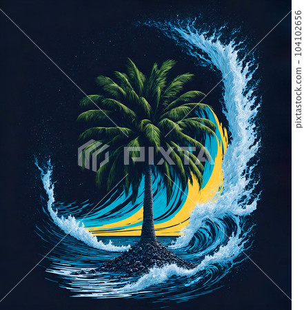 Abstract Colorful Palm Tree and Water Splashes with Island on White Background, Vibrant Color Summer Paradise Illustration for Poster, Banner, Invitation, Greeting Card or Cover. AI Generated. 104102656