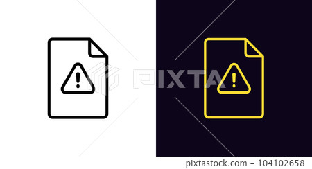Outline file damage icon, with editable stroke. Document with exclamation mark, danger data. Damaged document, unreliable agreement, unsafe file, problem and error warning, risk alert 104102658
