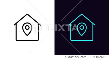 Outline home marker icon, with editable stroke. House with map pin sign, booking apartment service. Home location pointer, real estate and apartment rent, house address position Outline home marker icon, with editable stroke. House with map pin sign, booking apartment service. Home location pointer, real estate and apartment rent, house address position 104102666