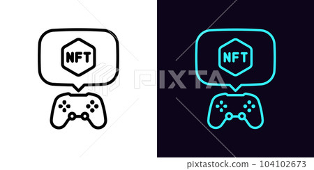 Outline game controller icon, with editable stroke. Gamepad and bubble message with NFT sign, gaming token. NFT game, virtual gaming cryptocurrency, digital token transaction in games 104102673