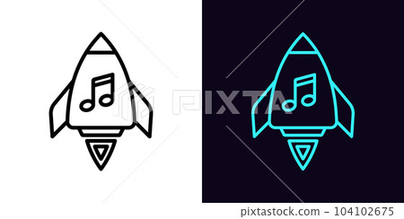 Outline musical rocket icon, with editable stroke. Spaceship with music note sign, space disco party. Dance rocket, flight to music universe, musical adventure, spacecraft karaoke 104102675