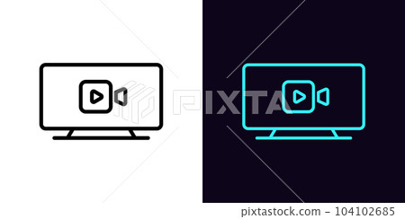 Outline television icon, with editable stroke. TV screen with video camera sign, television content. Movie channel, TV series, live show, cinema series, video interview, news broadcast Outline television icon, with editable stroke. TV screen with video camera sign, television content. Movie channel, TV series, live show, cinema series, video interview, news broadcast 104102685