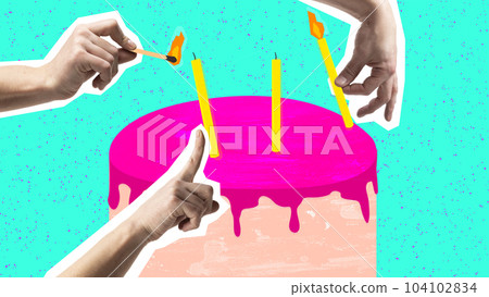 Human hands putting candles on cake. Celebration, cheerful events, fun and joy. Contemporary art collage. Human hands putting candles on cake. Celebration, cheerful events, fun and joy. Contemporary art collage. 104102834