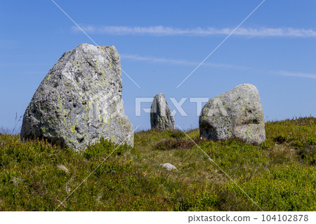 The Druid's Circle, or Meini Hirion in Welsh, above Penmaenmawr, Gwynedd, Wales, UK. 104102878