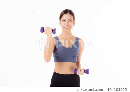 Portrait beautiful young asian woman lifting dumbbell isolated on white background. Portrait beautiful young asian woman lifting dumbbell isolated on white background. 104103035