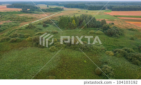 Colorful sunset over forest and fields 104103192