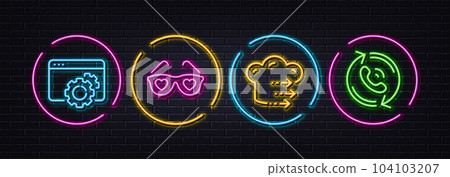 Seo gear, Love glasses and Food delivery minimal line icons. Neon laser 3d lights. Call center icons. For web, application, printing. Settings, Spectacles with hearts, Chef cook. Recall. Vector 104103207