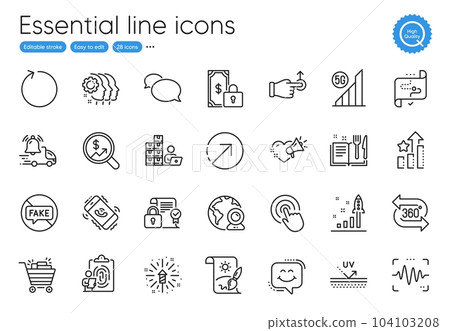 Security contract, Uv protection and Fake news line icons. Collection of Video conference, Fireworks explosion, Development plan icons. Voice wave, Click, 5g wifi web elements. Vector 104103208