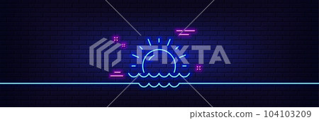 Neon light glow effect. Sunny weather forecast line icon. Summer sun sign. Sunset with waves. 3d line neon glow icon. Brick wall banner. Sunset outline. Vector 104103209