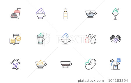 Brandy bottle, Water drop and Food delivery line icons for website, printing. Collection of Alcohol addiction, Coffee cup, Beans icons. Bombon coffee, Food app, Cappuccino cream web elements. Vector Brandy bottle, Water drop and Food delivery line icons for website, printing. Collection of Alcohol addiction, Coffee cup, Beans icons. Bombon coffee, Food app, Cappuccino cream web elements. Vector 104103294