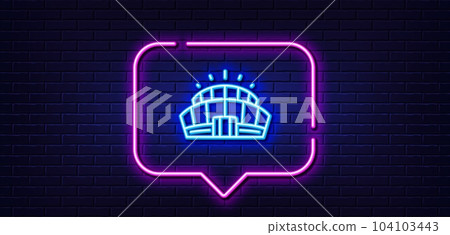Neon light speech bubble. Arena stadium line icon. Competition building sign. Sport complex symbol. Neon light background. Arena stadium glow line. Brick wall banner. Vector Neon light speech bubble. Arena stadium line icon. Competition building sign. Sport complex symbol. Neon light background. Arena stadium glow line. Brick wall banner. Vector 104103443