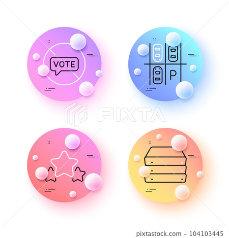 Parking place, Stars and Stop voting minimal line icons. 3d spheres or balls buttons. Servers icons. For web, application, printing. Transport, Ranking stars, Do not vote. Big data. Vector Parking place, Stars and Stop voting minimal line icons. 3d spheres or balls buttons. Servers icons. For web, application, printing. Transport, Ranking stars, Do not vote. Big data. Vector 104103445