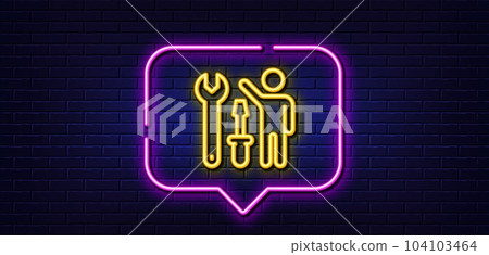 Neon light speech bubble. Spanner tool line icon. Repairman service sign. Fix instruments symbol. Neon light background. Repairman glow line. Brick wall banner. Vector Neon light speech bubble. Spanner tool line icon. Repairman service sign. Fix instruments symbol. Neon light background. Repairman glow line. Brick wall banner. Vector 104103464