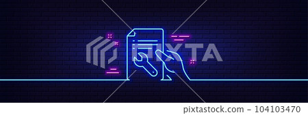 Neon light glow effect. Spanner tool line icon. Repair service document sign. Fix instruments symbol. 3d line neon glow icon. Brick wall banner. Repair document outline. Vector Neon light glow effect. Spanner tool line icon. Repair service document sign. Fix instruments symbol. 3d line neon glow icon. Brick wall banner. Repair document outline. Vector 104103470
