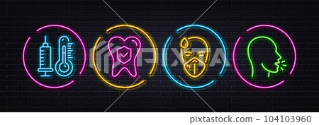 Thermometer, Sick man and Dental insurance minimal line icons. Neon laser 3d lights. Cough icons. For web, application, printing. Vaccine syringe, Epidemic protection, Oral medicine. Vector 104103960