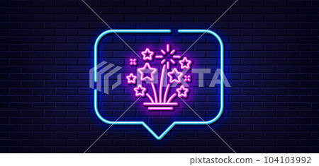 Neon light speech bubble. Fireworks stars line icon. Pyrotechnic salute sign. Carnival celebration lights symbol. Neon light background. Fireworks stars glow line. Brick wall banner. Vector Neon light speech bubble. Fireworks stars line icon. Pyrotechnic salute sign. Carnival celebration lights symbol. Neon light background. Fireworks stars glow line. Brick wall banner. Vector 104103992