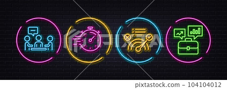 Correct answer, People chatting and Timer minimal line icons. Neon laser 3d lights. Business portfolio icons. For web, application, printing. Approved, Conference, Deadline management. Vector 104104012