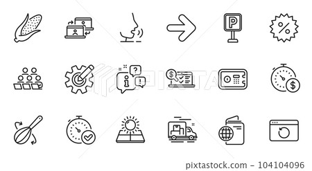 Outline set of Recovery internet, Sun energy and Last minute line icons for web application. Talk, information, delivery truck outline icon. Include Corn, Teamwork, Fast verification icons. Vector Outline set of Recovery internet, Sun energy and Last minute line icons for web application. Talk, information, delivery truck outline icon. Include Corn, Teamwork, Fast verification icons. Vector 104104096