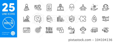 Outline icons set. Lock, Bitcoin chart and Video conference icons. Freezing, Video file, Browser window web elements. Vip access, Interview job, Pre-order food signs. Ph neutral. Vector 104104136