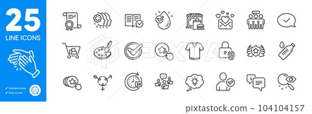 Outline icons set. Food market, 24h delivery and Love mail icons. Certificate, Laureate, Search web elements. Approved documentation, Genders, Employees teamwork signs. Fingerprint lock. Vector 104104157