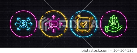 Dollar exchange, Sms and Confirmed minimal line icons. Neon laser 3d lights. Inclusion icons. For web, application, printing. Payment, Conversation, Accepted message. Equity justice. Vector 104104183
