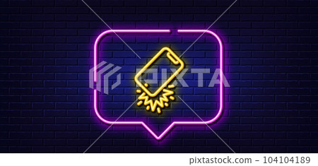 Neon light speech bubble. Smartphone falling line icon. Phone crash sign. Mobile device fall symbol. Neon light background. Smartphone broken glow line. Brick wall banner. Vector Neon light speech bubble. Smartphone falling line icon. Phone crash sign. Mobile device fall symbol. Neon light background. Smartphone broken glow line. Brick wall banner. Vector 104104189