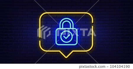Neon light speech bubble. Security lock line icon. Cyber defence sign. Private protection symbol. Neon light background. Security lock glow line. Brick wall banner. Vector Neon light speech bubble. Security lock line icon. Cyber defence sign. Private protection symbol. Neon light background. Security lock glow line. Brick wall banner. Vector 104104190