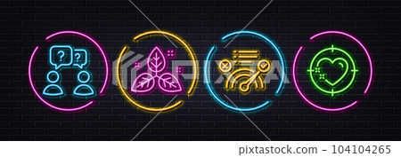 Correct answer, Fair trade and Teamwork questions minimal line icons. Neon laser 3d lights. Heart target icons. For web, application, printing. Approved, Leaf, Team help. Love aim. Vector 104104265