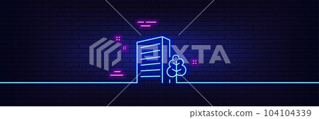 Neon light glow effect. Buildings line icon. City architecture with tree sign. Skyscraper building symbol. 3d line neon glow icon. Brick wall banner. Buildings outline. Vector Neon light glow effect. Buildings line icon. City architecture with tree sign. Skyscraper building symbol. 3d line neon glow icon. Brick wall banner. Buildings outline. Vector 104104339