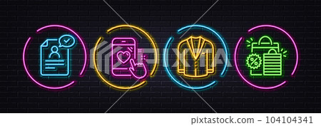 Heart rating, Suit and Resume document minimal line icons. Neon laser 3d lights. Shopping bags icons. For web, application, printing. Phone feedback, Business jacket, Application. Vector Heart rating, Suit and Resume document minimal line icons. Neon laser 3d lights. Shopping bags icons. For web, application, printing. Phone feedback, Business jacket, Application. Vector 104104341