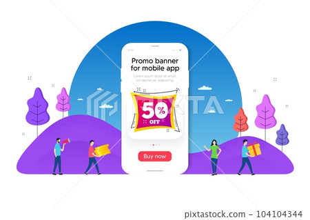 Sale 50 percent off banner. Phone ui interface banner. Discount sticker shape. Coupon bubble icon. Mobile smartphone promo banner. Sale 50 percent tag. Man with gift box. Vector 104104344