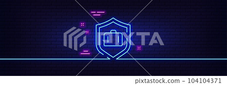 Neon light glow effect. Luggage protect line icon. Suitcase bag sign. Baggage secure symbol. 3d line neon glow icon. Brick wall banner. Luggage protect outline. Vector 104104371