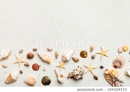 Summer time concept Flat lay composition with beautiful starfish and sea shells on colored table, top view with copy space for text 104104553