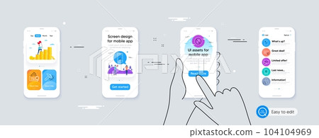 Set of Report document, Scroll down and No parking line icons. Phone ui interface. Include Lock, Cloud computing, Copyright icons. Hammer blow, Cream, Insurance medal web elements. Vector 104104969