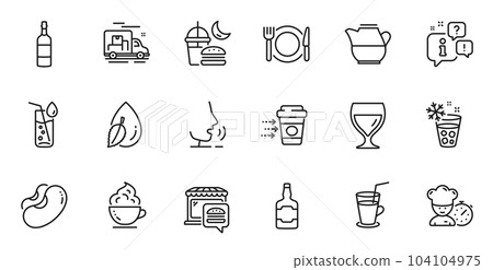 Outline set of Ice maker, Brandy bottle and Coffee delivery line icons for web application. Talk, information, delivery truck outline icon. Include Wine glass, Restaurant food, Chef icons. Vector 104104975