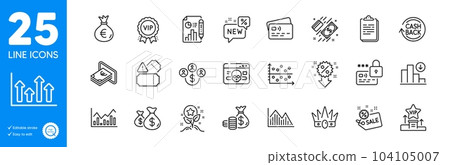 Outline icons set. New, Coins bag and Dot plot icons. Cashback, Loyalty points, Clipboard web elements. Upper arrows, Payment, Infochart signs. Discount, Decreasing graph, Cash. Tickets. Vector 104105007
